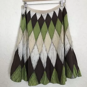 COAST Silk Cotton Lined Argyle A-Line Skirt GREEN BROWN UK12 - Picture 1 of 16