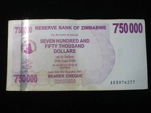 ZIMBABWE 750000 Dollars Reserve Bank Bearer Cheque Average Circulated Condition - Picture 1 of 2