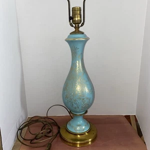 Vtg Paul Hanson Aqua Porcelain And Brass Lamp w/ Gold Chrysanthemum Pattern - Picture 1 of 24