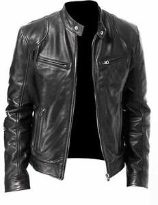 MENS VINTAGE CAFE RACER BLACK REAL LEATHER SLIM FIT BIKER JACKET - B5 - Picture 1 of 4