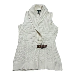 Ralph Lauren Sweater Vest Women Sz L Ivory Cable Knit Shawl Collar Belt Buckle - Picture 1 of 7