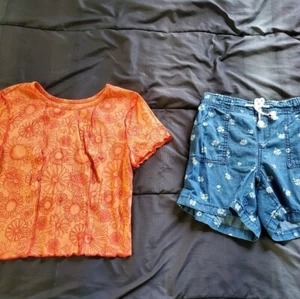 girl large orange short sleeve tee and shorts flower print - Picture 1 of 3