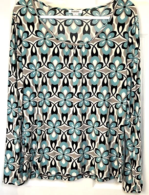 Blusa Hampshire Studio Talla L Retro Aqua Floral Mod Go Go Stretch Tejido Top Foto 1 de 4