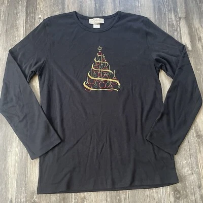 VTG christmas Long Sleeve Women Large Black Bling Gold Tree Rhinestone Red Green - Imagem 1 de 4