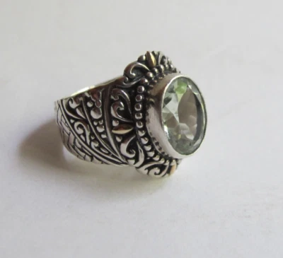 Anillo artesanal de plata de ley 925 y oro de 18 quilates ovalado de piedras preciosas de prasiolita talla 6 Foto 1 de 4
