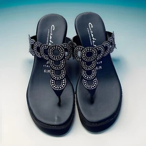 Contesa Italian Sandals Black Wedge Heel With Rhinestones Size 6.5 - Picture 1 of 8