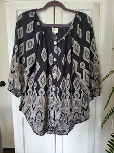 Fig & Flower Anthropologie Scoop Neck Button Front Peasant Blouse Size L - Picture 1 of 5