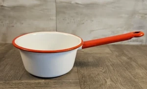 Vintage Enamelware Small Saucepan Cooking Pot Pan White & Red Rim & Handle - Picture 1 of 9