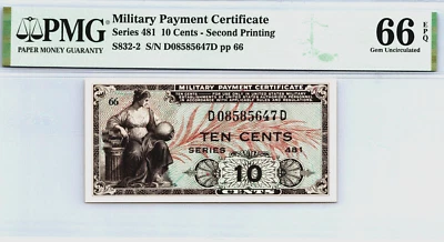 Series 481, 10 Cents 2nd Printing Military Payment (MPC) PMG 66 EPQ Pick S832-2 - Image 1 of 4