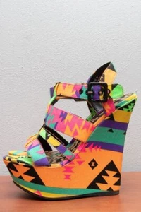 NWOB Boho *DOLLHOUSE* Neon Electric AZTEC Stacked Fabric PLATFORM WEDGE HEELS 7 - Picture 1 of 5