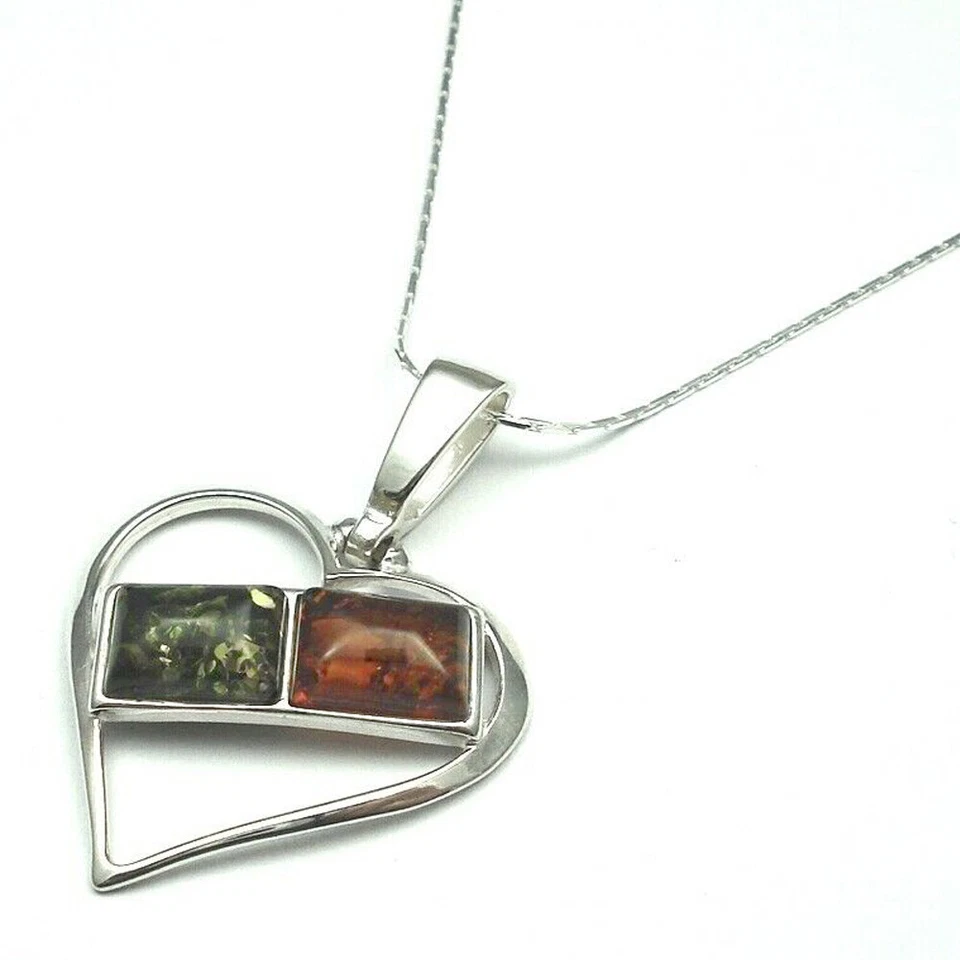 925 Argento Sterling Vera Ambra Baltica Cuore Ciondolo Collana Omaggio Sacchetto - Immagine 1 di 1