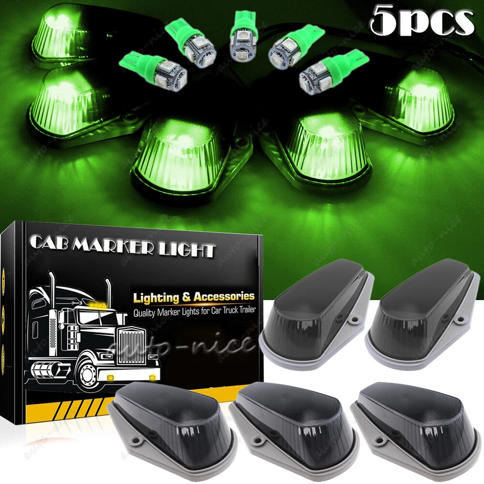 5 Roof Top Cab Marker Light Smoke Lens Cover + Green LED for Ford F350 F250 F150 - Image 1 of 4
