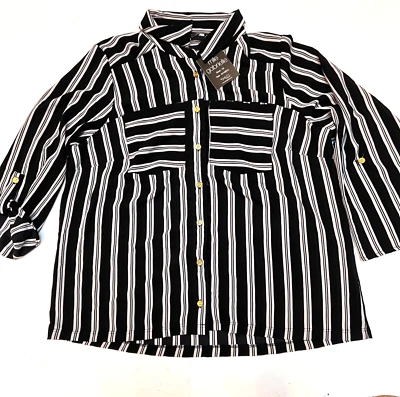 Mlle Gabrielle  Blouse Plus Size 1X.  Black White Striped 3/4 Rolltab - Изображение 1 из 4