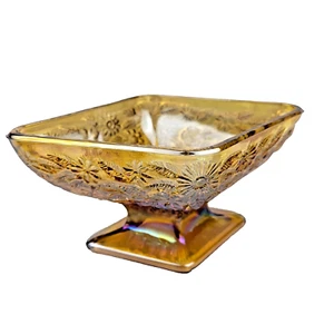 Vintage Indiana Carnival Iridescent Amber Glass Diamond Shaped Footed Candy Dish - Picture 1 of 13