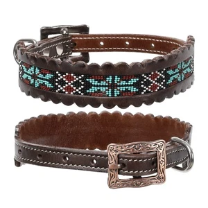 COLLAR PERRO Cuero Oscuro Teal Negro Blanco Granate CUENTAS Fusión Azteca - Imagen 1 de 3