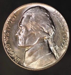 1955 D  BU JEFFERSON NICKEL-TONED- FRESH FROM ORIGINAL COLLECTION-LOT 8224 - Picture 1 of 2