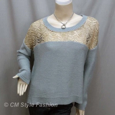 Suéter Top Tejido Crochet Ojales Hombro Caído Gris Dorado L Foto 1 de 4