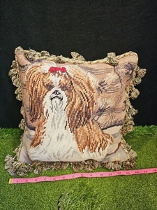 Nadelspitze SHIH TZU Hund handgefertigter Kissenbezug 13" Fransen neu Reißverschluss  - Bild 1 von 4