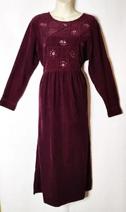 Maxi abito vintage Erika & Co in velluto a coste ricamato fiori rosso marrone TAGLIA LARGE - Foto 1 di 9