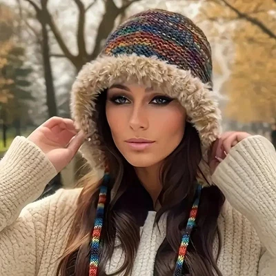 Retro Boho Ethnic Knit Beanie Hat Earflap Warm Colorful Cap Faux Fur Trim - Image 1 of 2