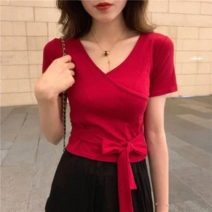 Women V Neck Lace Up Short Sleeve Casual T Shirt Perfect for Summer Days - Picture 1 of 36