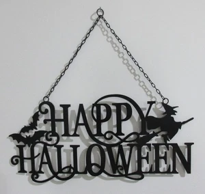 Large Black Metal Happy Halloween Porch Wall SIGN w/ Witch & Bats Fall Decor*New - Picture 1 of 4