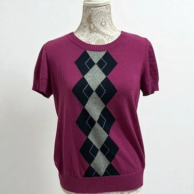 Suéter para mujer IZOD Argyle manga corta púrpura gris negro algodón tejido talla M Foto 1 de 4