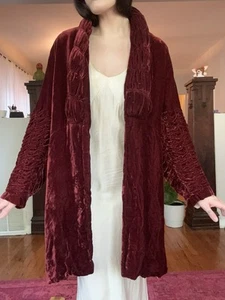 Antique 1920s Burgundy Silk Velvet Opera Coat With Rouched Details AS IS - Picture 1 of 8