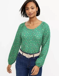 LOFT Floral Draped Long Sleeve Top - Bright Kelly Green - Size Medium - Picture 1 of 7