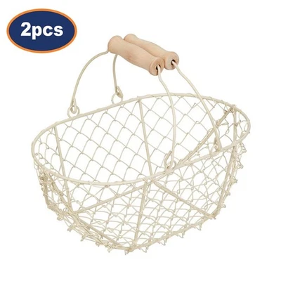 Cesta de huevos de Pascua con mango de madera de metal crema niños caza de huevos decoración de fiesta 2 piezas Foto 1 de 4