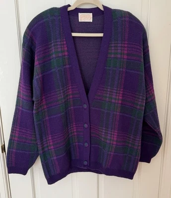 Vintage 1980s PENDLETON Purple Plaid 100% Wool Retro Grandpa Cardigan Sz XL USA - Image 1 of 4