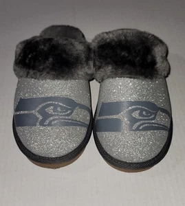 Seattle Seahawks Womens Glitter Open Back Fur Moccasin Slipper, Small 5-6, A002 - Picture 1 of 8