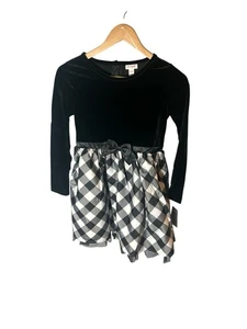 Cat & Jack Girls' Black and White Long Sleeve Velvet Check Dress L 10/12 - Picture 1 of 4