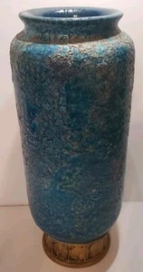 Mid-Century ROSENTHAL-NETTER Signed Bitossi Vase Ceramic Textured Blue & Gold  - Picture 1 of 21