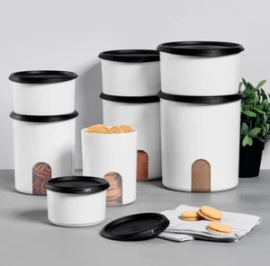Tupperware Reminder Window Canisters & Toppers Set White w/ Black Seals Lids New - Picture 1 of 12