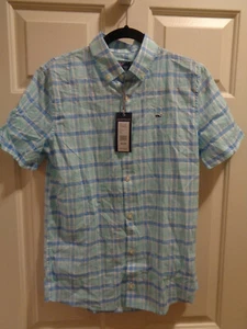 VINEYARD VINES BOYS S/S WHALE FLAT POINT PLAID BLUE SHIRT SIZE LARGE/ 16  NEW - Picture 1 of 1
