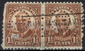 Perfins USA 1930, Sc684 2x 1½c Harding. Used GE Columbus - Picture 1 of 3