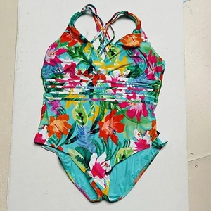 La Blanca Front Ruche One Piece Swimsuit Tropical Floral Womens 16W Beach - Picture 1 of 11