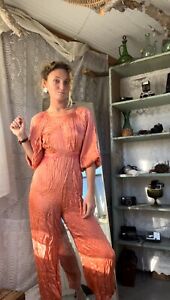 Free People ORDINARY MAGIC Embroidered Satin Jumpsuit Long Sleeve Size SmallNWOT
