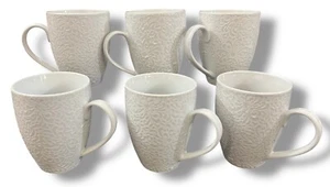 Nice Set of 6 WORLD MARKET White Floral/Geometric Textured Coffee Mugs Excellent - Picture 1 of 9