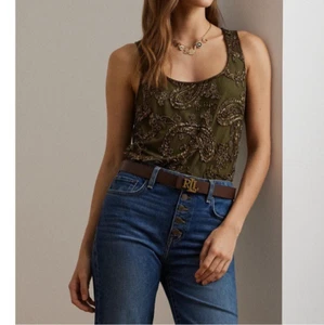 Lauren Ralph Lauren Women's Embellished Mesh Tank Top Paisley Dark Green Size 4 - Picture 1 of 6