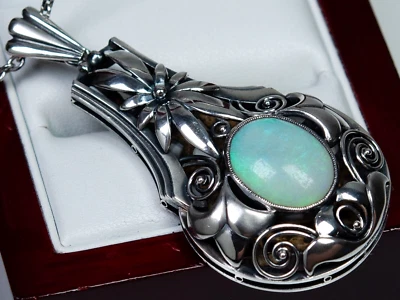 800 Argento - Antico Stile Liberty Rimorchio - Naturale Opale - Fatto - Grande - Immagine 1 di 4