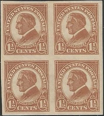 Block of 4 stamps - Scott 576 - 1 1/2 cent - Harding - Imperforate - 1923 - MH - Image 1 of 1