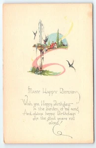 Cartolina Tanti Felici Ritorni Buon Compleanno Uccellini in Fontana Scena Casetta - Foto 1 di 3
