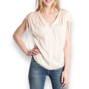 NWT Vince Blush Light Pink Ruched Short Sleeve Silk Blend Top - Large - Picture 1 of 10