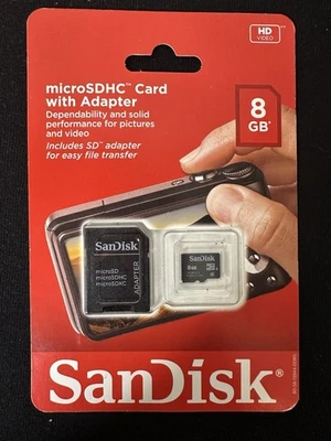 SANDISK MICRO~SDHC CARD WITH ADAPTER 8 GB ~HD VIDEO~NEW IN PACKAGE - Image 1 of 3