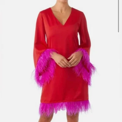 Vestido Crosby by Mollie Burch Rojo Rosa Borde Plumas Talla Mediana Foto 1 de 4