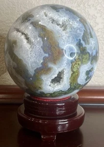 Riesige glitzernde Druzy Moos Achat Kugel mit Holzständer 10 Pfund/160 Unzen LESEN - Bild 1 von 11