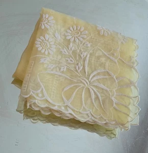 Vtg 60s Sheer Organdy Hankie Handkerchief Yellow Floral Bows Scalloped Edge 14” - Picture 1 of 5
