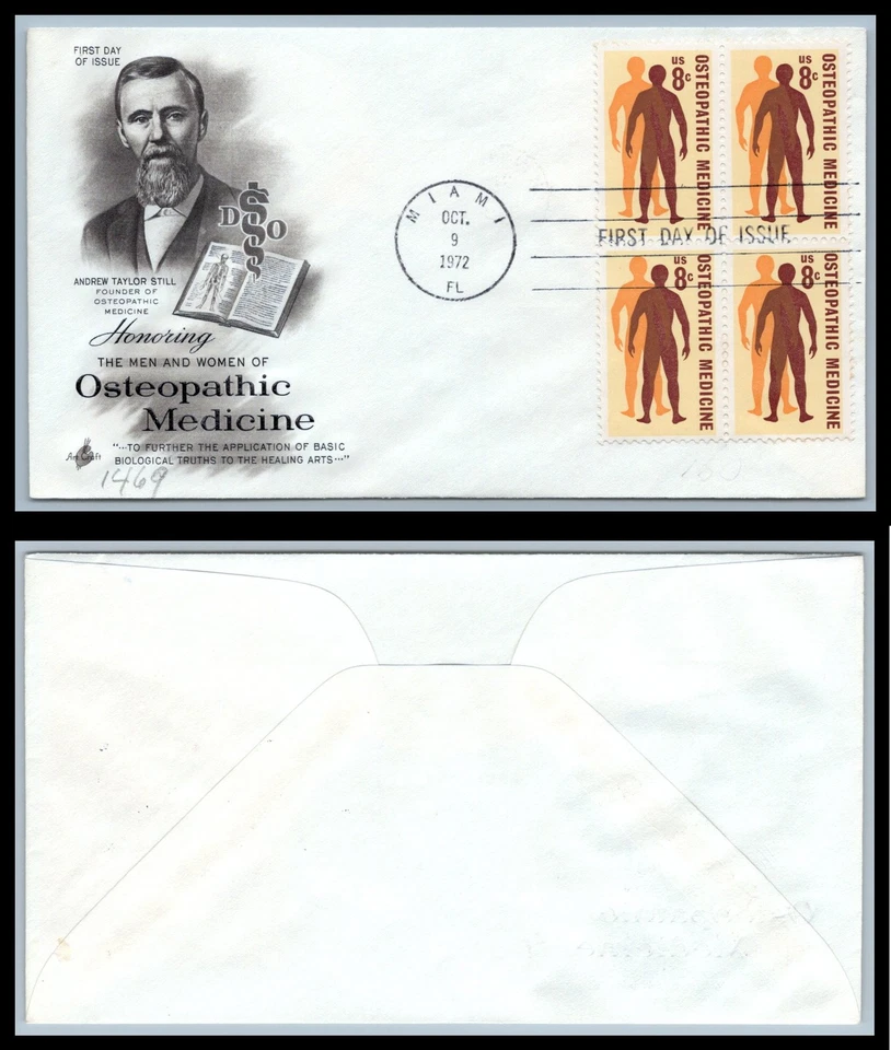 US FDC # 1469 8c Osteopathic Medicine  ArtCraft block L.Cancel 1972, 9p9727 - Image 1 of 1